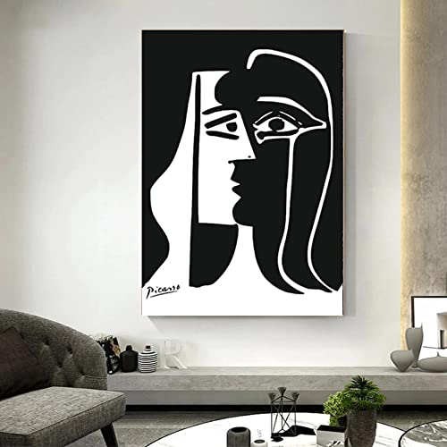 Rumlly Schwarz-Weiß-Wandkunstbilder Abstrakte Einfachheit Pablo Picasso Kuss Leinwand Gemälde Poster Wohnzimmer Wohnkultur 70 x 100 cm Rahmenlos