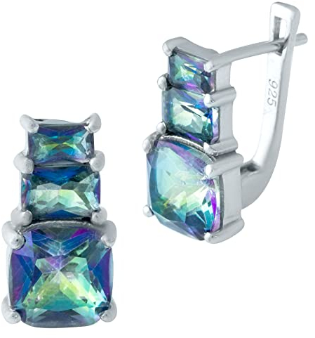 925 Sterlingsilber Huggie Ohrringe Englisch Schloss über quadratischem, mehrfarbigem Mystic Topas; Steingewicht [ct]: 7,7 Karat, Gewicht 5,29 g und rhodiniertes Finish, Glas, Künstlicher Topas