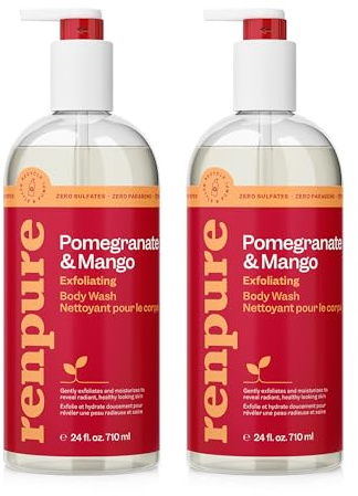 Renpure Pomegranate & Mango Exfoliating Body Wash - Cleanses, Exfoliates, Moisturizes & Rejuvenates Skin - For All Skin Types - Pomegranate Extract, Mango Fruit Extract - 24 Fl Oz each, 2 Pack