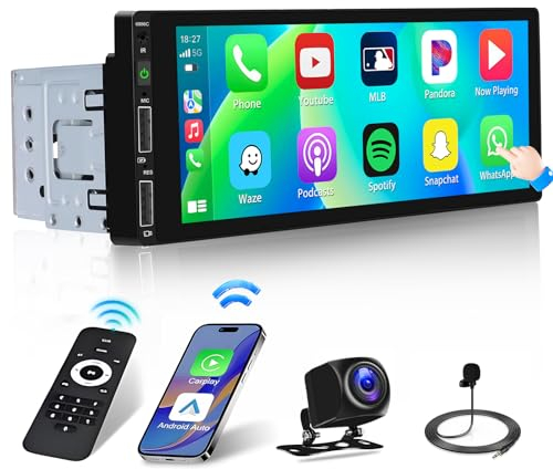 Hikity CarPlay Android Auto Inalámbrico 1 DIN Radio de Coche, 6,9'' Pantalla Táctil Estéreo, con AHD Cámara Trasera, Bluetooth Manos Libres, FM Radio, EQ, Mirror Link, SWC USB AUX