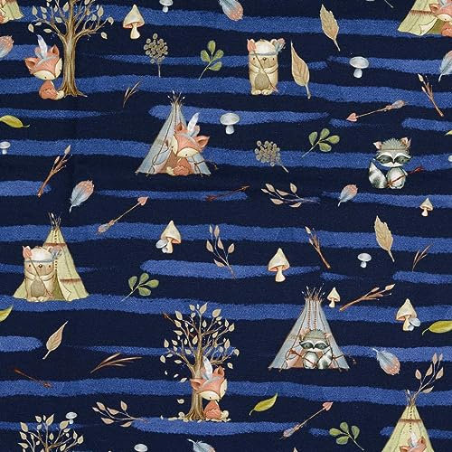 Jersey Stoffe Waschbär Pilze Fuchs Zelt blau 0,50m x VB