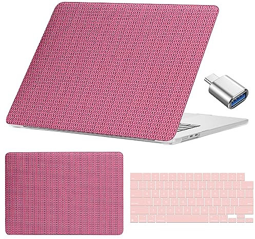 Miwasion Gewebtes Stoff-Design, kompatibel mit MacBook Air 15 Zoll (38,1 cm), Mac Air 15,3 Zoll A2941 M2 mit Retina-Display und Touch-ID und Typ-C-Adapter, elegante Leder-Hartschale, Rosa