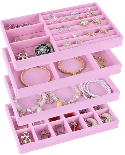 LWAIX Schmuckaufbewahrung Schublade Schmucktabletts Schmuck Organize Schmuck Organizers Schubladen für Schmuck Schubladeneinsatz Aufbewahrung Ordnungssystem Ohrringe Armband Ringe 4PCS (Rosa)
