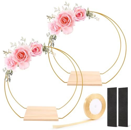 Wobekuy 2 Stück Metall Floral Hoop Mittelstück für Tisch Gold Metall Ringe mit Holzständer, Kranz Metallring für DIY Hochzeit Tischdekoration