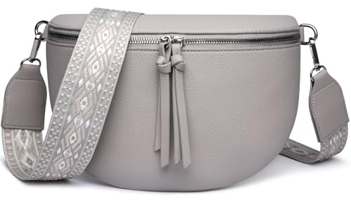 FOMAX Bauchtasche Damen, breiter Schulterriemen im Bohemian Style, extra Reißverschlussfach, silberner Doppel-Reißverschluss, Cross Body Umhängetasche Schultertasche