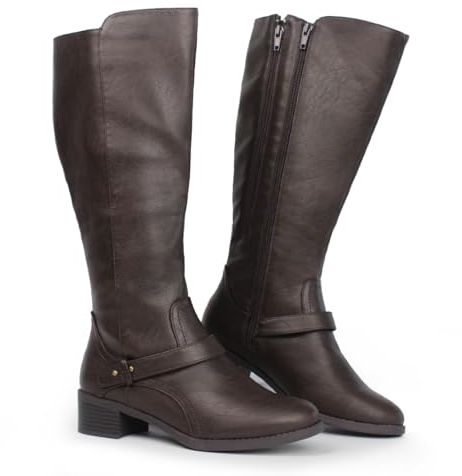 Hawkwell Damen-Reitstiefel mit breiter Wade und doppeltem Reißverschluss, Braun Synthetik EU 39