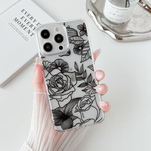XIZYO Clear Rose Case for iPhone 12 Pro Max 6.7 Inch, Cute Rose Flower Floral Pattern Slim Shockproof Phone Case, for Girls Women Soft TPU Luxury Transparent Protective Case, Black
