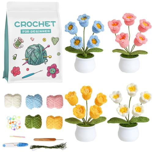SUNNYCLUE Flower Crochet Kit Learn to Crochet Kit Beginner Knitting Kit with Step-by-Step Video Tutorials Paper Instruction Upgraded Plastic Pot Plants Knitting Crocheting Kits for Adult Starters