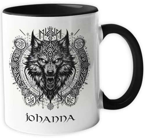 Personalisierte Wikinger Tasse | Motiv Thors Hammer und Wolf | mit Namen personalisiert, Keramik Kaffeetasse Metbecher mit Wunschname 330 ml v2