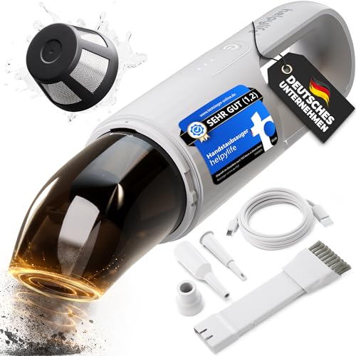 helpylife ® Handstaubsauger HL200 mit Akku I Starke Saugkraft für Auto & Zuhause I 4-in-1 kabelloser Handsauger mit Boost Funktion I Autostaubsauger mit waschbarem HEPA Filter aus Edelstahl (Weiß)