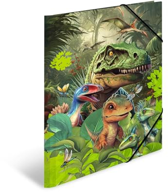 HERMA Sammelmappen A3 Dinosaurier Set, 3 Stück, Kinder Eckspanner-Mappen aus Pappe mit Tier Dino Motiv, Gummizug, Innenklappen und Innendruck für Jungen und Mädchen