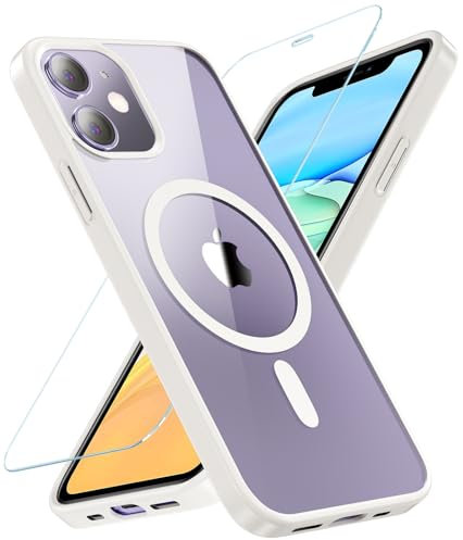 OWKEY Magnetic for iPhone 11 Case, [Compatible with MagSafe & Military-Grade Protection] with Screen Protector, Anti-Yellowing Shockproof Protective Phone Case for iPhone 11 6.1 Inch (White)