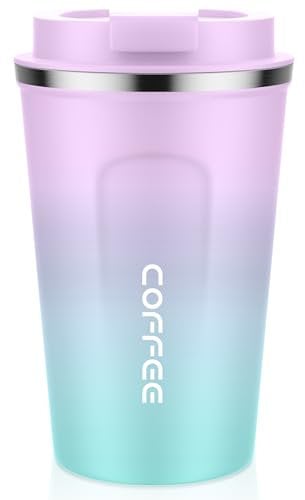 MOMSIV Coffee Cup, 380ml Vacuum Reusable Leakproof Double Wall Coffee Cup, Insulation Stainless Steel Eco-Friendly Travel Office Mug for Hot Coffee Tea and Cold Drinks, Purple-Green