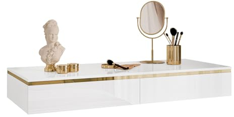 lukmebel - Schminktisch mit Schubladen - Konsolentisch Schmal Hängend - Make Up Tisch Frisiertisch Kosmetiktisch Konsoleb Glanz Weiß Gold - Aurora