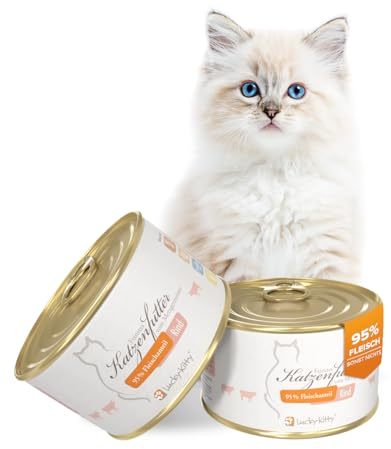 Lucky-Kitty Katzenfutter Nass Rind, 95% Fleisch I Katzenfutter ohne Getreide & Zucker, Lebensmittelqualität I Nassfutter für Katzen, Keine Zusätze I Kittenfutter Made in Germany (16 x 200g)
