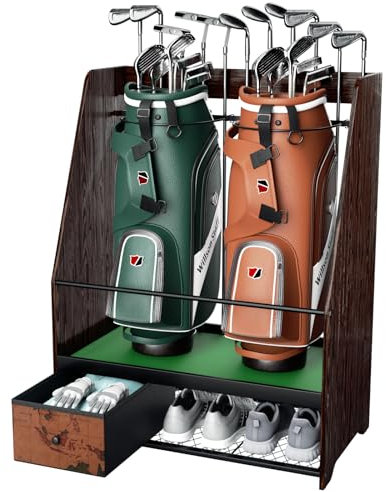 Golf Bag Organizer Rack – Large Wooden Golf Storage for 2 Bags, Clubs & Accessories with Dustproof Drawer, Sports Equipment Rack for Garage, Practice Room, Home or Office (Black)