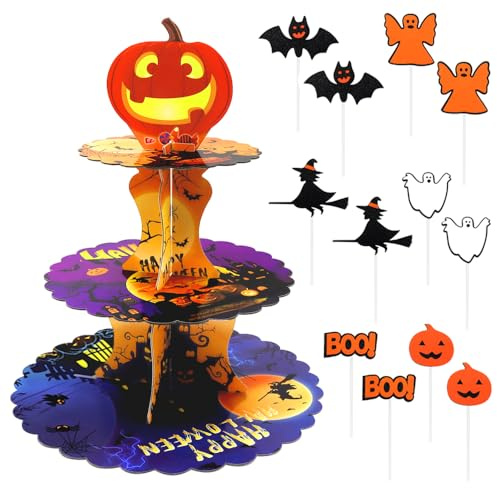 Halloween Cupcake Ständer 3 Etagen Tortenständer aus Karton Kürbis Cupcake Turm mit 12×Muffin Topper für Halloween Themenpartys Kuchen Dekorationen,Gesamthöhe 36,5CM