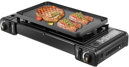 HOARLICN Gaskocher 2-Flammig, Campingkocher Outdoor Camping Gas Kocher mit Grillplatte für Picknick Tragbarer Camping Grill Gas Stove Mit einem Spannungs-Keramikzünder Butan Herd