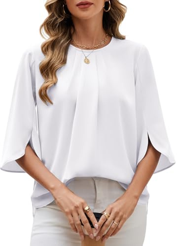 PASUDA Camicia Donna Elegante Manica a 3/4 Top Blusa a Girocollo in Chiffon Casual Camicetta Estiva Tinta Unita Manicotto Split Maglietta da Lavoro