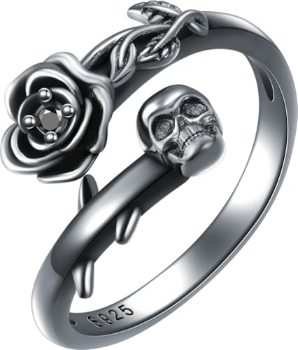 Shusukue Totenkopf Rosen Ring Damen 925 Sterling Silber Gothic Verstellbarer Skull Ring Halloween Totenkopf Schmuck Geschenke für Frauen Mädchen Schwarzer Edelstein