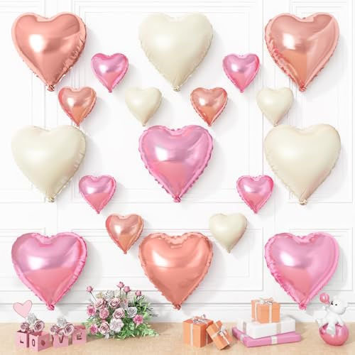 Pink White Heart Balloons, 19PCS Rose Gold and White Heart Shape Balloon, 18Inch with 10Inch Pearl Pink White Helium Mylar Love Balloon for Girls Birthday Bridal Shower Wedding Valentine Decorations