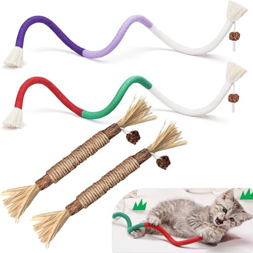 Liufuan 4PCS Natural Cat Teething Toy, Silvervine Chew Sticks and Snaky Rope Toys for Indoor Kitten Dental Treats, Increase Appetite, Calm Stress, and Teeth Cleaning