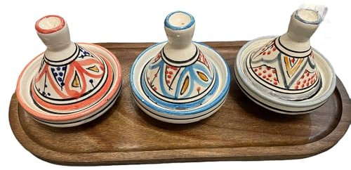 Lot de 3 Mini Tajines avec Plateau – Artisanat Marocain pour Condiments et Sauces (MODELE 08)