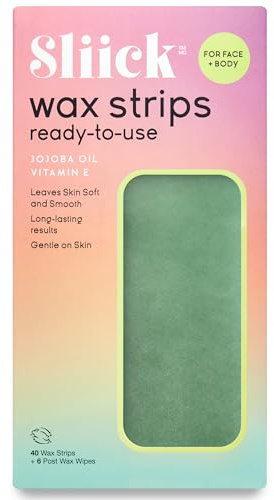 Sliick Ready-to-Use Wax Strips for Hair Removal – 40 Hair Removal Strips for Women with Jojoba Oil & Vitamin E, Includes 6 Post Wax Wipes