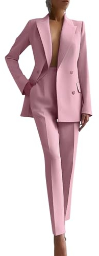 Yegirlzs Tailleur Femme 2 Pièces Chic et Elegant Blazer Veste à Manches Longues Slim Fit Formel Bureau Travail Pantalon Costumes Revers Manteau Ensemble Blazer OL Tailleur A21 Rose XS