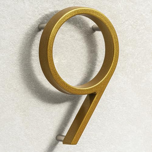 House Signs Direct Floating 3D Metal House Number, 5 Inch, Gold, Number 9 | Weatherproof 5-inch floating door number with waterproof finish and easy-install spacers, zinc alloy finish.