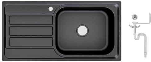 Preer-100x50x20, Évier de cuisine en acier inoxydable 304, épaisseur 0,8 mm, XXL Bac 50x40 cm, 1 bac, rectangulaire, évier, égouttoir à gauche noir