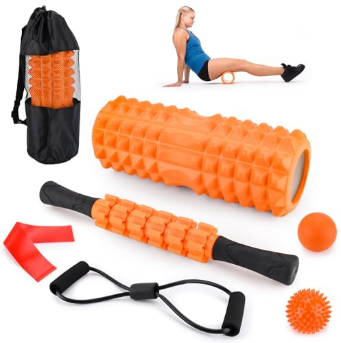 BBWELL Rouleau de Massage,PP/EVA Foam Roller 7 en 1 avec Rouleau Massage Dos,Bâton de Rouleau de Massage,Boule de Fascia,Tendeur,Bandes de Résistance pour Pilates,Yoga,Fitness Massage Musculaires