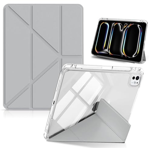 HinZann Funda para iPad Pro 13 Pulgadas M5 2025/M4 2024 con Soporte, Gris | Cuero de PU + PC Transparente Trasera, Soporte Plegable, Funda Protección con Portalápices, Auto-Reposo/Activación, Delgada
