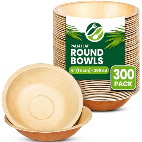 Eco Leaf Products Disposable Palm Leaf Bowls – Pack of 300, 6 (15cm) Round Compostable for Desserts & Salad, Eco-Friendly, Biodegradable, Heavy-Duty, Microwave & Oven Safe – for Weddings & Parties