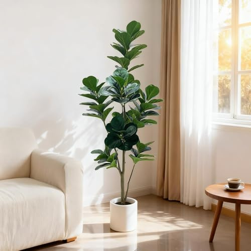 Artificial Realistic Plant Fiddle Fig Tree, 150cm Tall Large Artificial Plant with Lifelike Leaves & Real Wood Trunk, Realistic Silk Plant for Indoor Living Room Office Home Decor