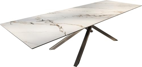 DELIFE Outdoortisch Edge 300x100 cm Keramik Calacatta Luxe Weiß-Gold-Grau Kreuzgestell Rechteck Edelstahl