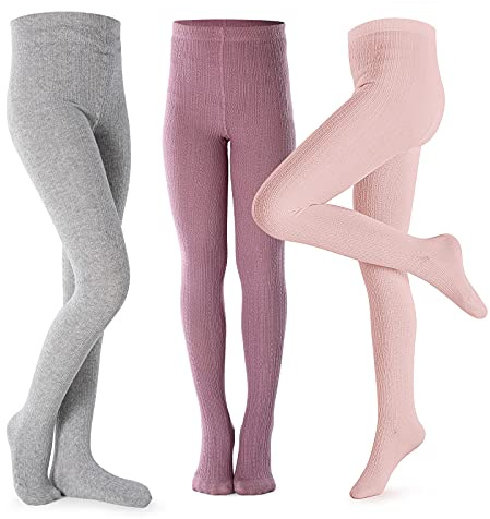 Petrass Mädchen Strumpfhosen Kleinkind Zopfmuster Baumwolle Nahtlos Tanz Ballett Baby Mädchen Leggings 3 Stück Rosa/Lila/Grau 5-6 Jahre