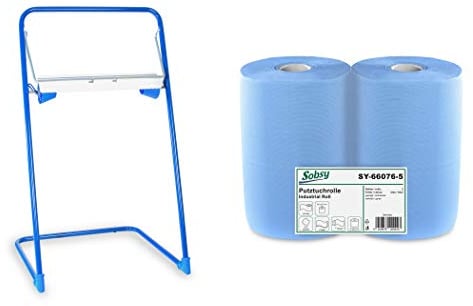 2 x blaue saugstarke Papierrolle mit Standfuß-Spender, 1000 Blatt, 37x36 cm | 2-lagige perforierte Papiertücher |für Industrie, Werkstatt und Restaurant | Durchmesser 25 cm