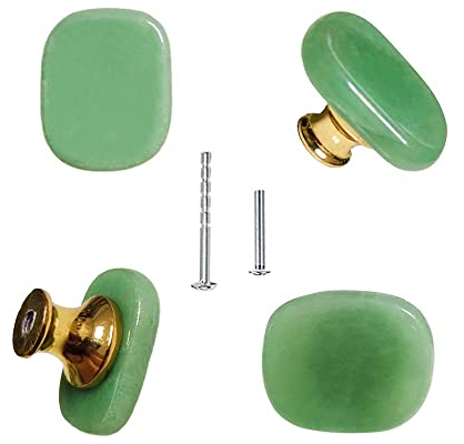 YOUYOUULU 4 Stück Natürlicher Grüner Aventurin Knauf Stein knäufe, Schubladen Stein griffe Grüner Jade Schrank Ziehgriff Messing sockel knöpfe für Zuhause Küchenmöbel DIY