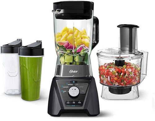 Oster Mélangeur et robot culinaire avec 3 réglages pour smoothies, smoothies et hacher les aliments, comprend 2 tasses et couvercles de 600 ml, gris carbone