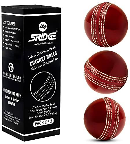 5RIDGE Cricketbälle für Training, weicher und sicherer Gummi-Cricketball mit echter genähter Naht und Kern für Sprungkraft, Schwingen und Drehen, ideal für Training, Spiel und Gartenspiel, Rot, 3
