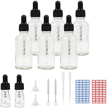 Reyshin 50ml Glass Dropper Bottles, 6 Pack Clear Glass Bottle with Dropper Pipettes Refillable Sample Dropper Bottle for Essential Oil Massage Aromatherapy Eye Drops(50ml transparent)