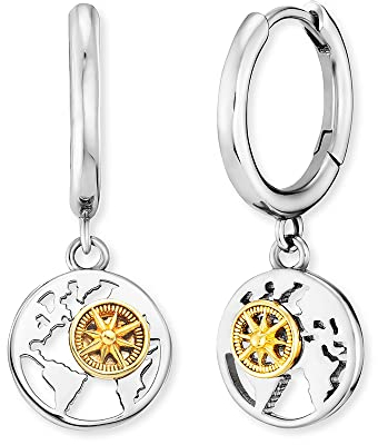 Engelsrufer Damen Creole Aloha aus Sterling Silber mit rundem Anhänger Weltkarte und Windrose Bicolor - Clipverschluss - nickelfrei - Größe: 14mm