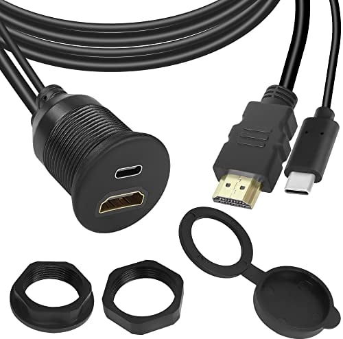 QIANRENON 2 en 1 USB C HDMI Fixation filetée Embarqué étanche Câble Adaptateur USB C 2.0+HDMI 1.4 mâle vers femelle panneau Montage Câble, Soutien 4K@60HZ, pour voiture bord tableau bureau,1M/3.3ft