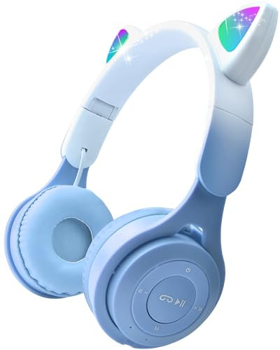 Joso Kids Headphones, 2 in 1 Wired/Wireless Headsets with Microphone for girls and boys, Cat Ear Headphones Foldable with Limited Volume for Childrens Aged 5+ (Blue)
