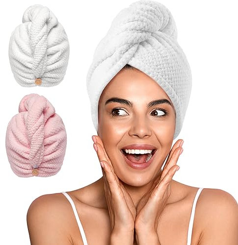 YFONG Confezione da 2 asciugamani in microfibra per donne, super assorbenti, ad asciugatura rapida, per tutti gli stili di capelli, anti crespo, asciugamano grande per asciugare i capelli con bottone