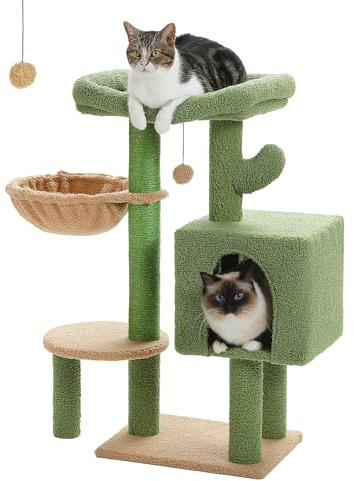 PETEPELA 90cm Cactus Cat Tree, Cute Tower Condo for Indoor Cats, Large Padded Perch, Comfy Hammock, Scratching Post, and Dangling Ball, for Small-Medium Cats, Green