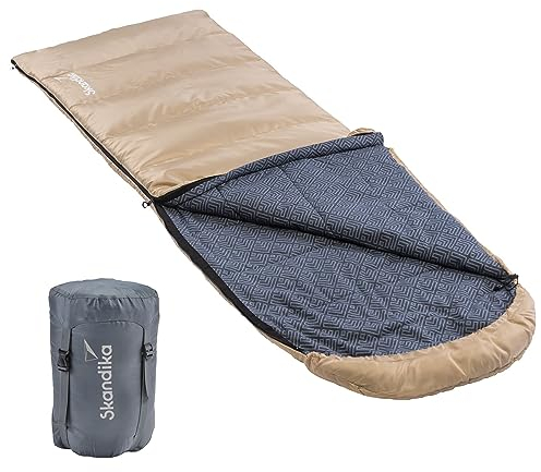 Skandika Deckenschlafsack Dundee Flanell | Baumwolle, Luxus-Qualität, koppelbar, Doppelschlafsack, bis -20°C, 220 x 80 cm/ 220 x 160 cm | Outdoor Camping Schlafsack (Beige/D'blau RV Links)