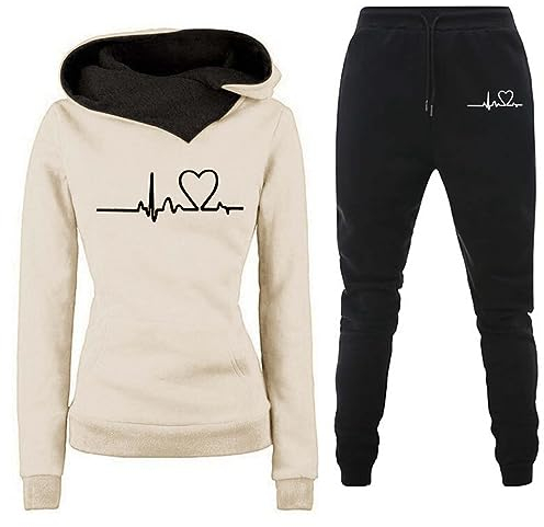 Fulidngzg Heartbeat Jogginganzug Damen Herbst Winter Gefütterte 2 Teiler Jogginganzug Hoodie Kuschelig Freizeit Sportanzug Hausanzug Elegant Y2K 2023 Trainingsanzug Große Größen Fitness Zweiteiler