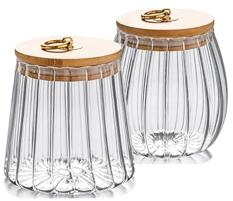HYEIOL Lot de 2 boîtes décoratives en verre avec couvercle en bambou et poignée en métal, pour sachets de thé, café, sucre, thé, pâtes, épices